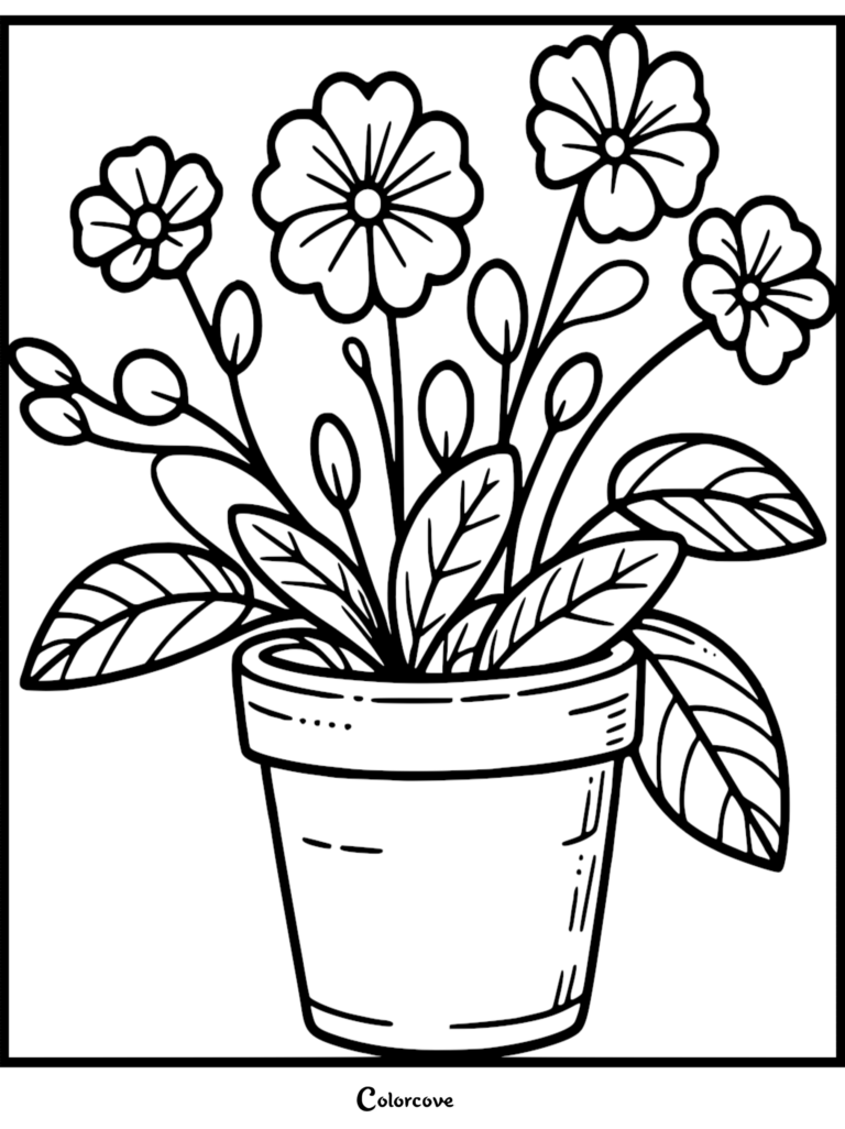 Page de coloriage au trait simple représentant une plante en pot avec quatre fleurs écloses et de luxuriantes feuilles vertes.
