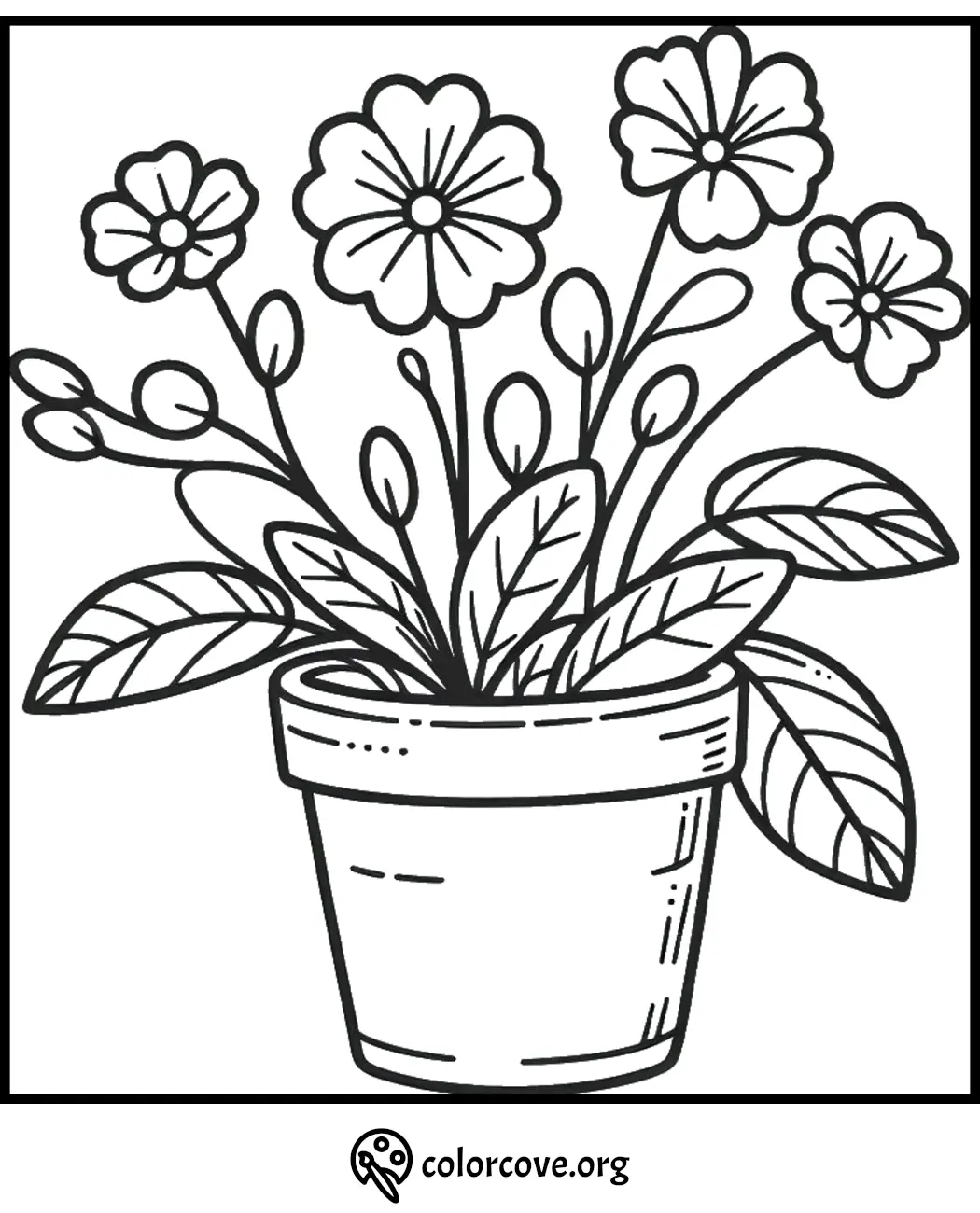 Flowerpot coloring page with blooming flowers and detailed leaves, perfect for kids and adults to enjoy coloring.