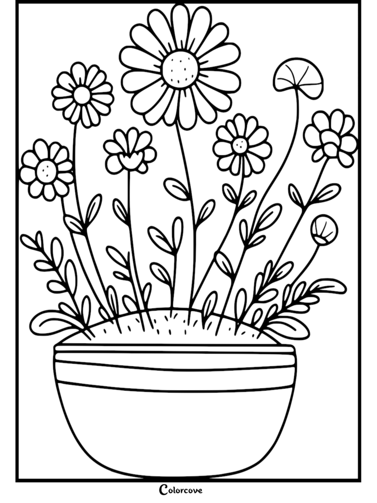 Coloriage de fleur relaxant représentant une variété de marguerites et de petites fleurs poussant dans un simple pot rond.