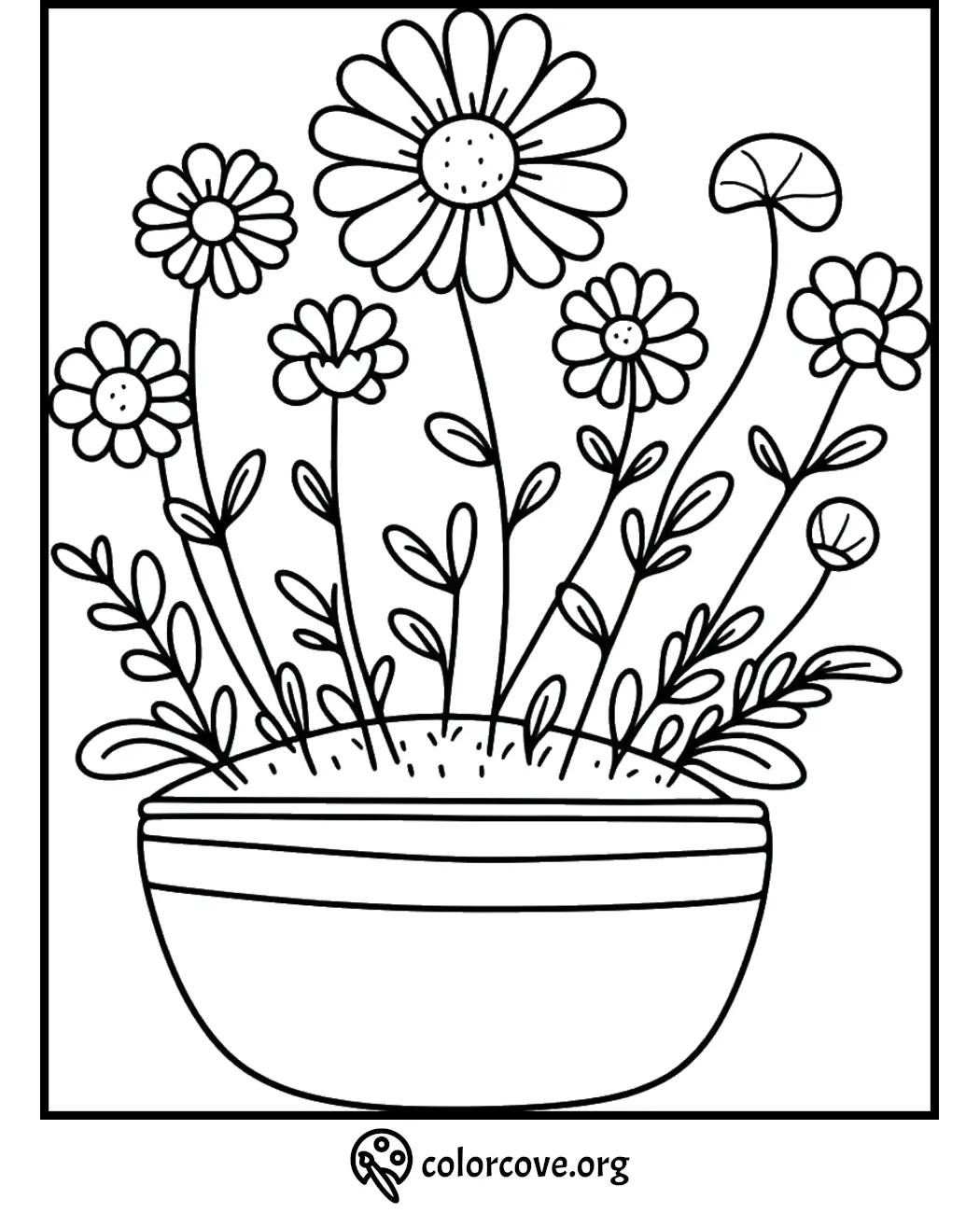 Coloring page of a flower pot with various blooming flowers and leaves, ideal for kids' coloring activities.