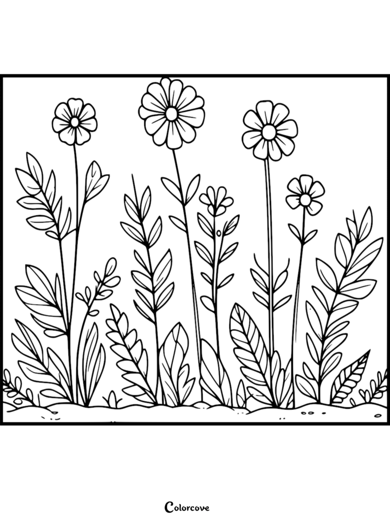 Coloriage de fleur relaxant représentant un jardin de marguerites aux longues tiges et aux feuilles vert vif.