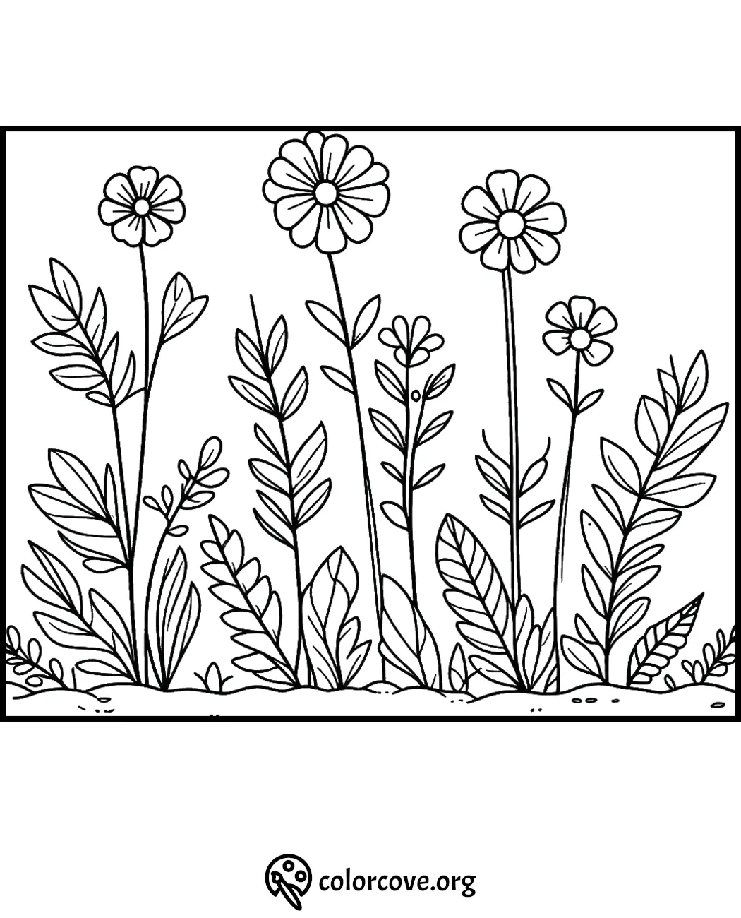 Coloring page with blooming flowers and leaves, ideal for kids and adults to relax and enhance creativity.