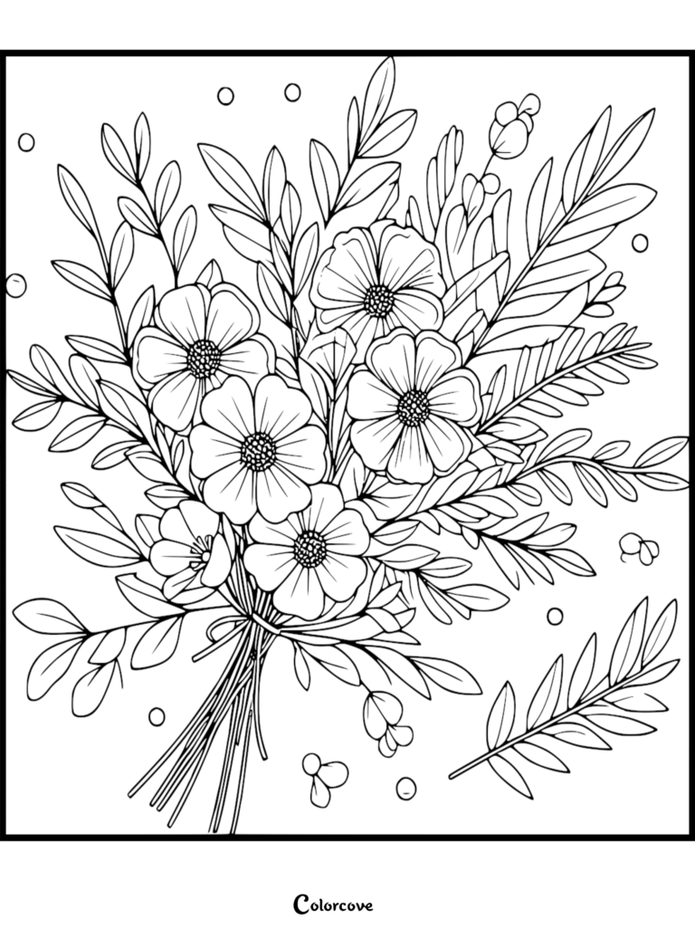 Un bouquet détaillé de fleurs aux feuilles luxuriantes et aux petites bulles flottantes dans cette page de coloriage de fleur gratuite à imprimer.