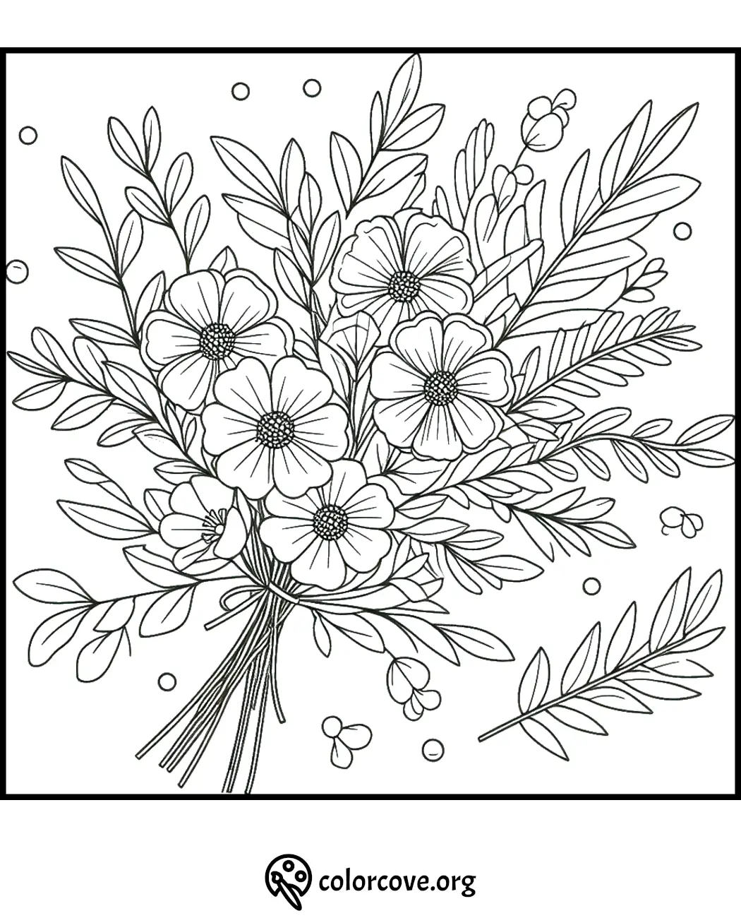 Floral bouquet coloring page with detailed flowers and leaves, perfect for both kids and adults to color.