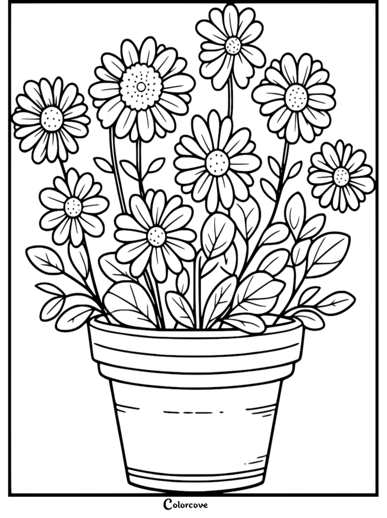 Un bouquet de marguerites dans un pot simple, présenté comme une page de coloriage de fleur relaxante.
