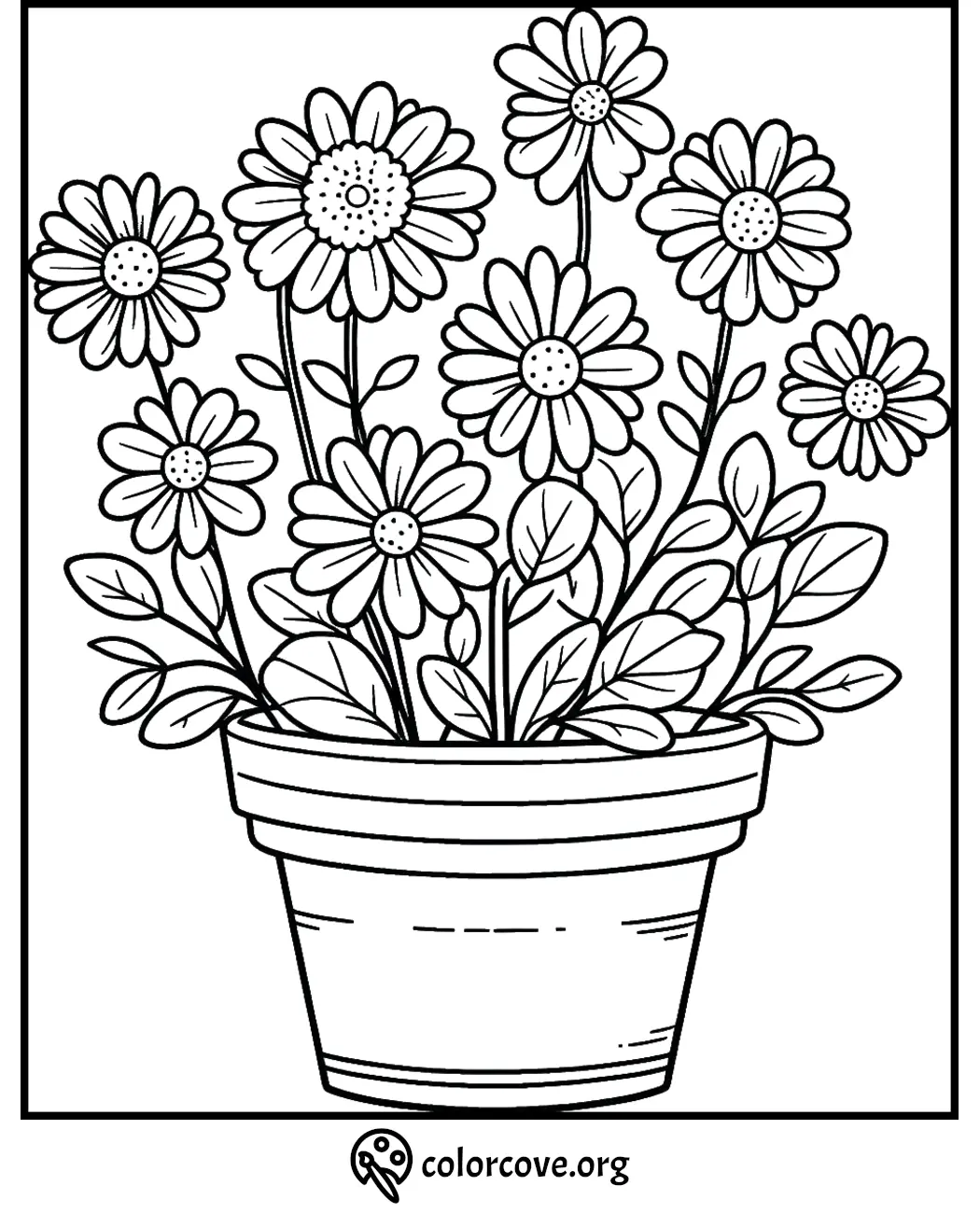 Coloring page featuring a pot of blooming flowers with leaves, ready to be colored in various shades.