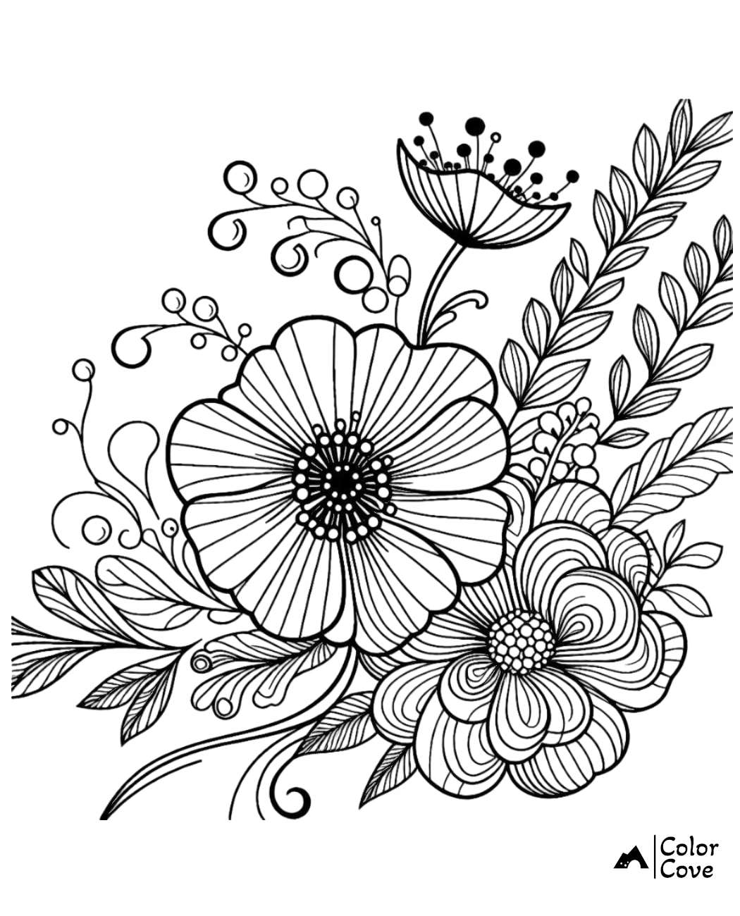 Detailed floral coloring page with intricate flower designs, leaves, and swirls. Perfect for relaxation and creativity.