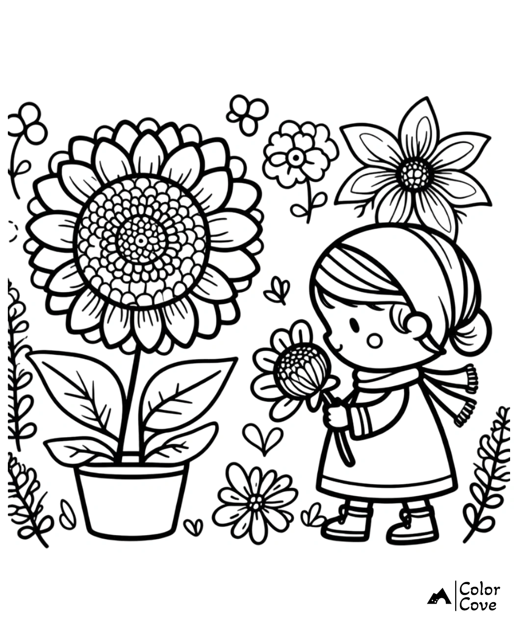 Coloring page of a little girl holding a flower, surrounded by sunflowers and other floral patterns.