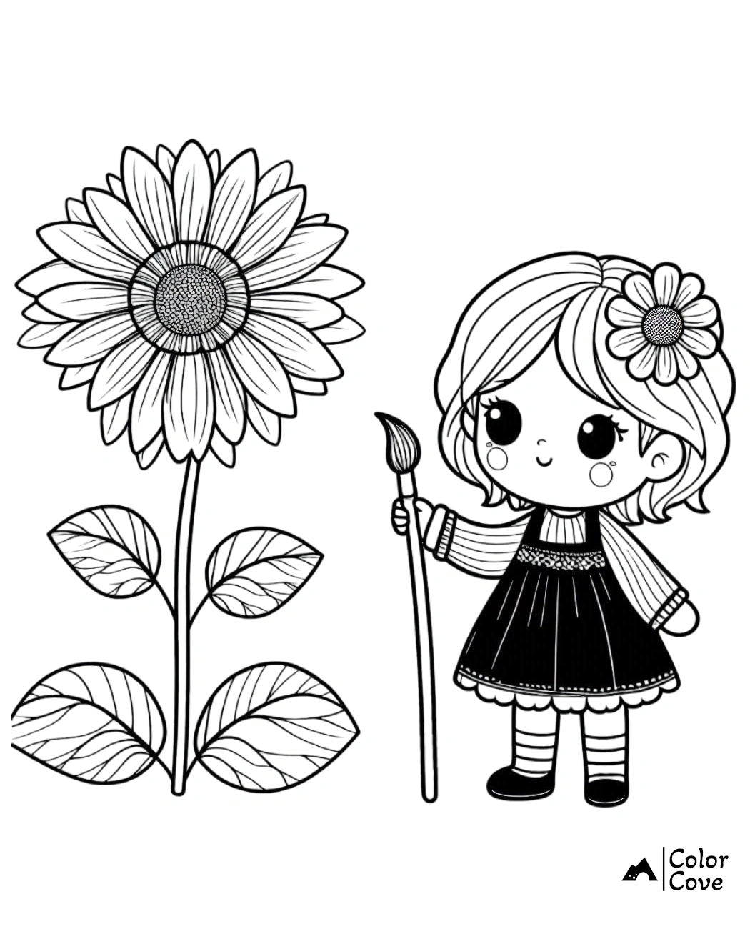 Coloring page of a cute girl with a flower in her hair, holding a brush, standing next to a large sunflower plant.