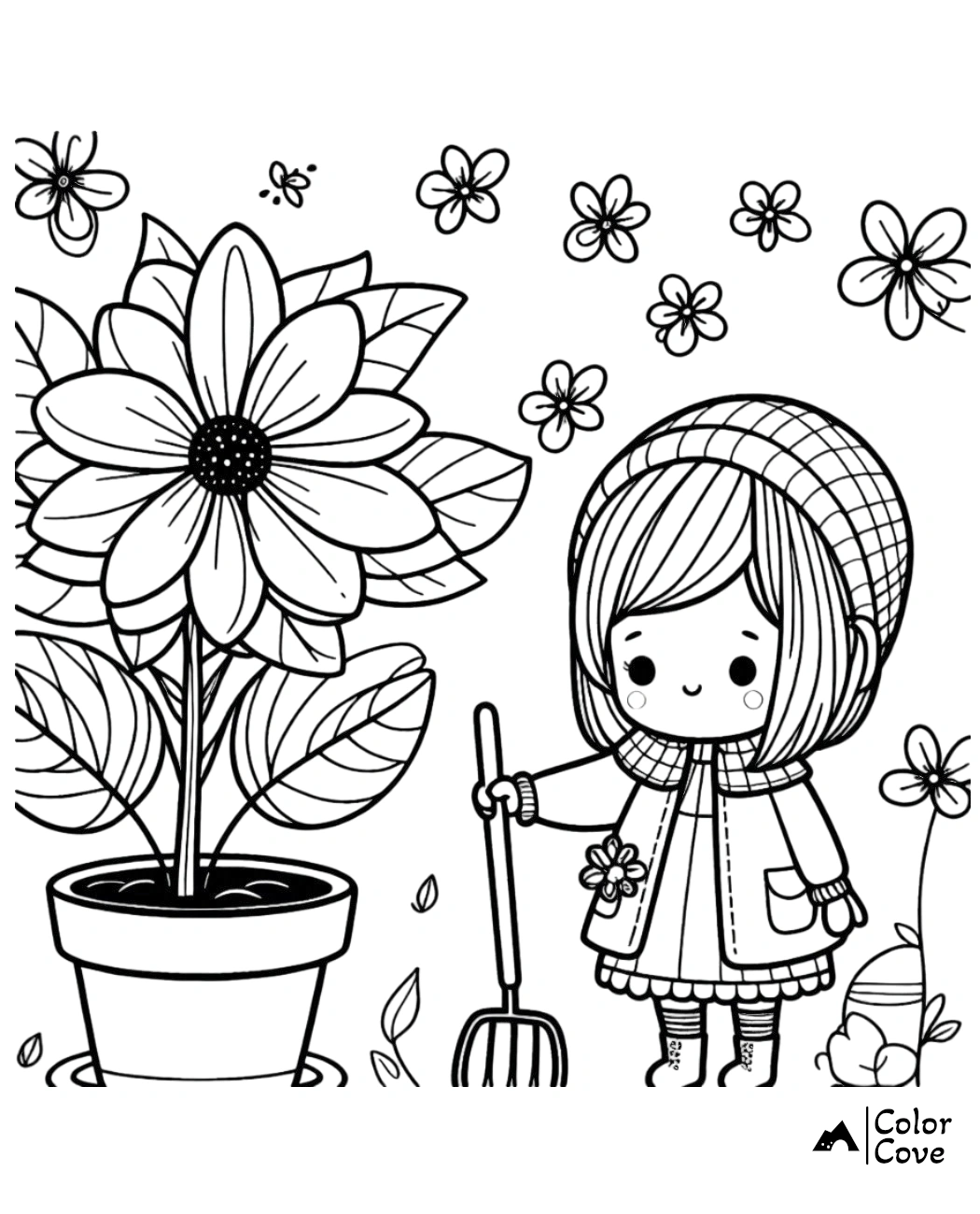 Cute coloring page featuring a girl with a shovel next to a large potted flower, surrounded by blooming flowers and butterflies.