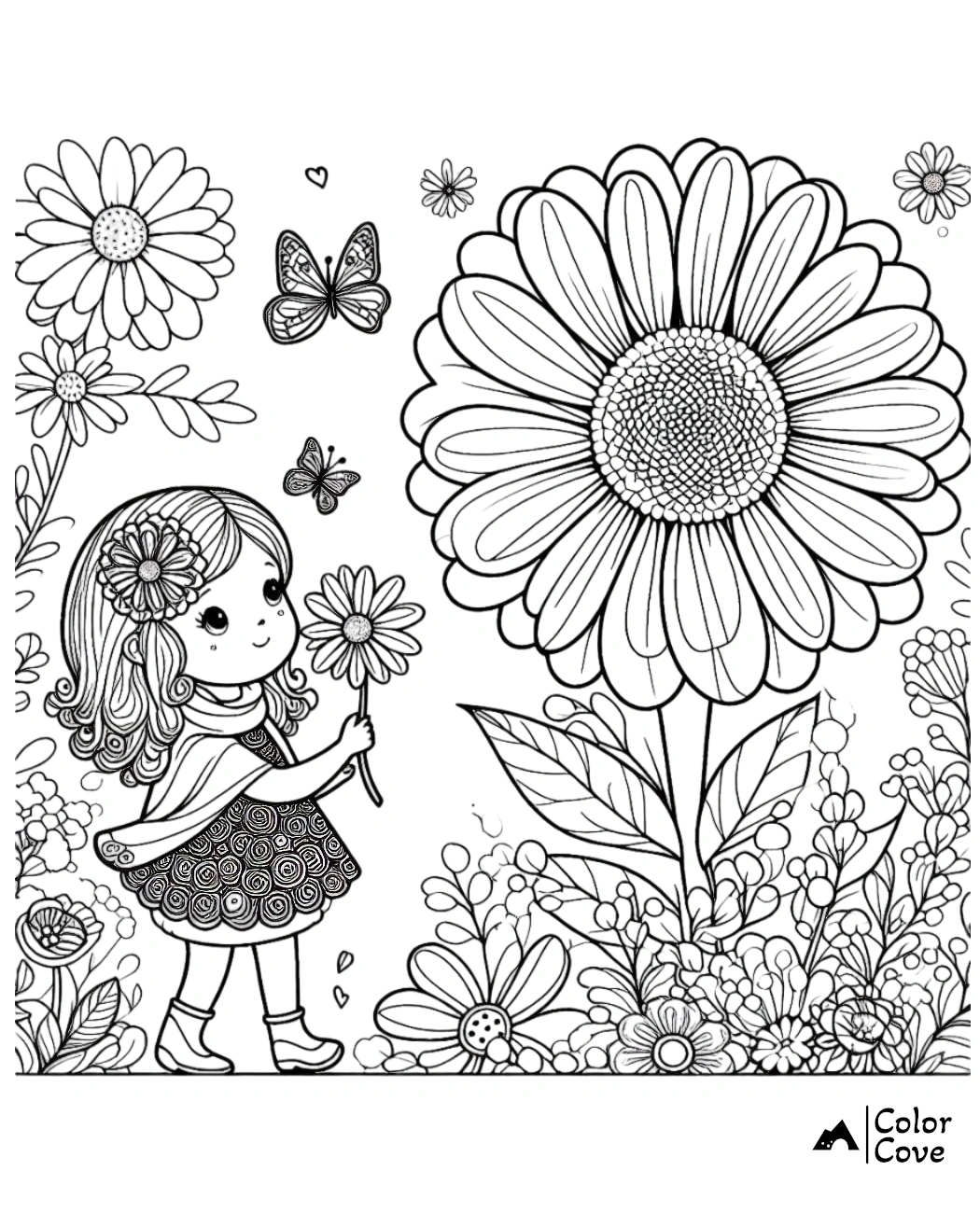 Cute girl with large flower coloring page. Butterflies and flowers. Perfect for kids' coloring activities. Printable fun!