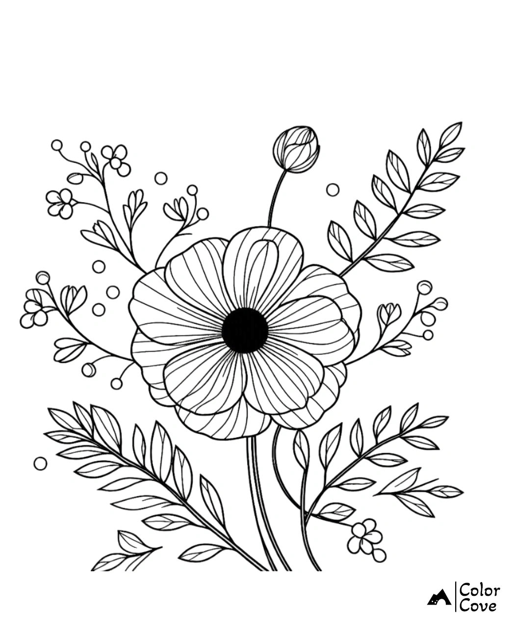 Black and white floral coloring page featuring a large flower with detailed petals, surrounded by smaller buds and leaves.