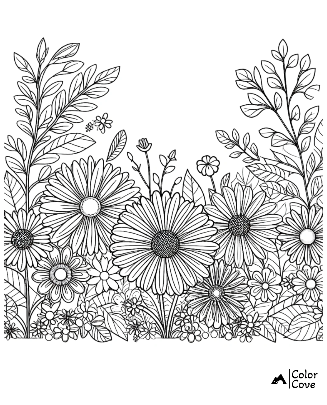 Coloring page with intricate floral designs featuring large daisy-like flowers and abundant leaves, perfect for relaxation.