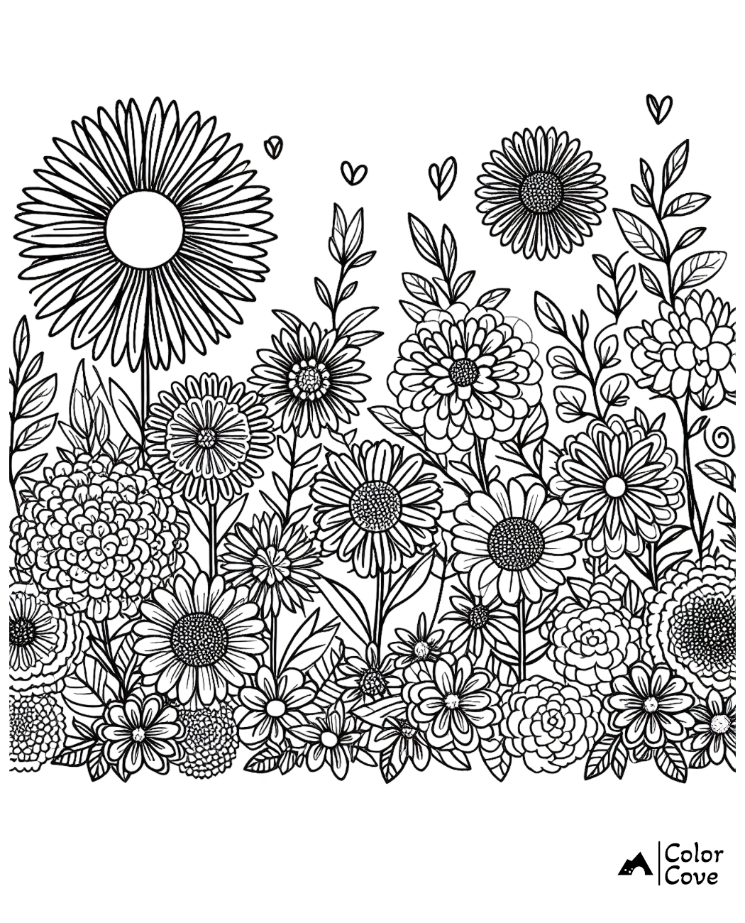 Coloring page featuring a variety of intricate flowers and leaves, perfect for adults and kids to color and relax.