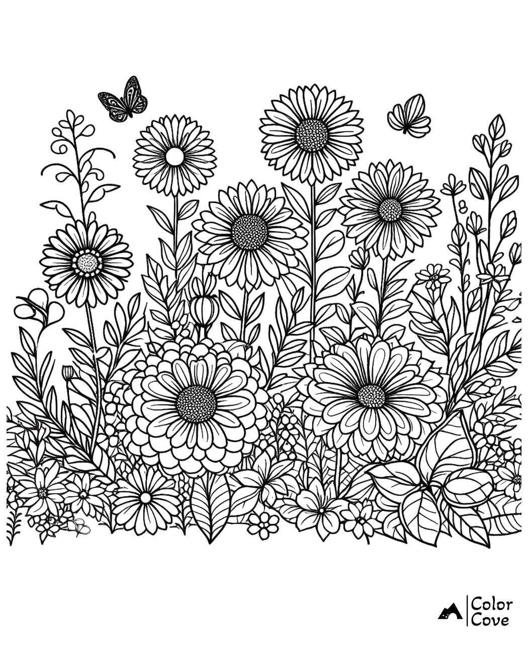 Coloring page of blooming flowers and butterflies, perfect for stress relief and relaxation. Detailed floral illustration.