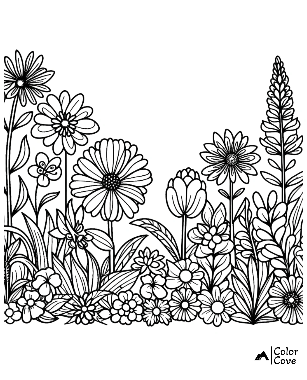 Floral coloring page with intricate flowers and leaves, perfect for relaxing and creative coloring sessions with kids or adults.