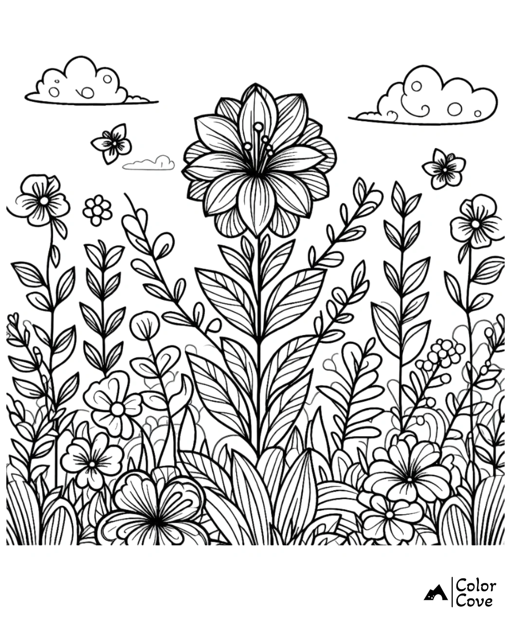 Detailed floral coloring page featuring various flowers, leaves, and clouds, perfect for relaxation and creative expression.