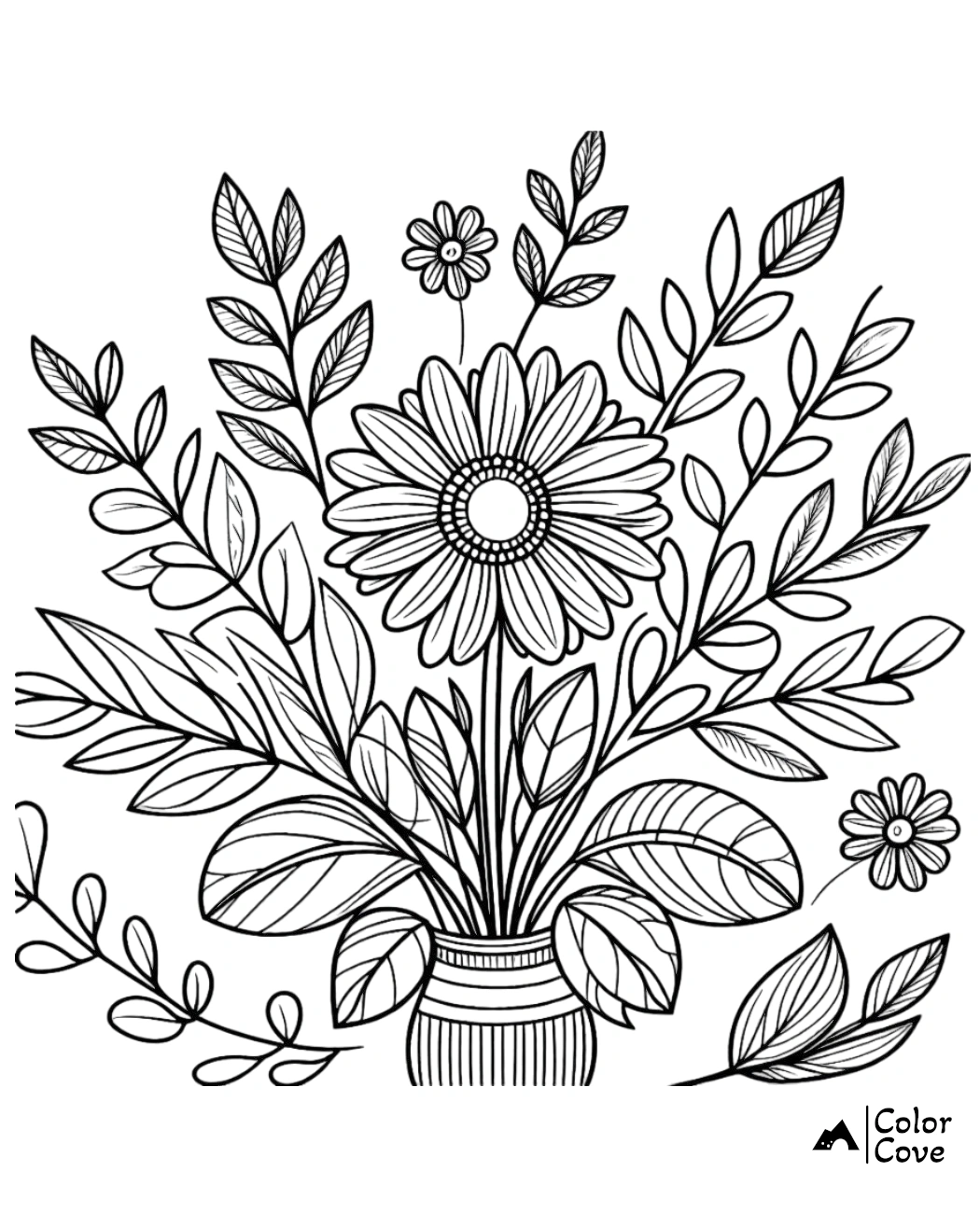 Intricate flower bouquet in vase coloring page, featuring large daisy, leaves, and small blooms for stress relief and creativity.