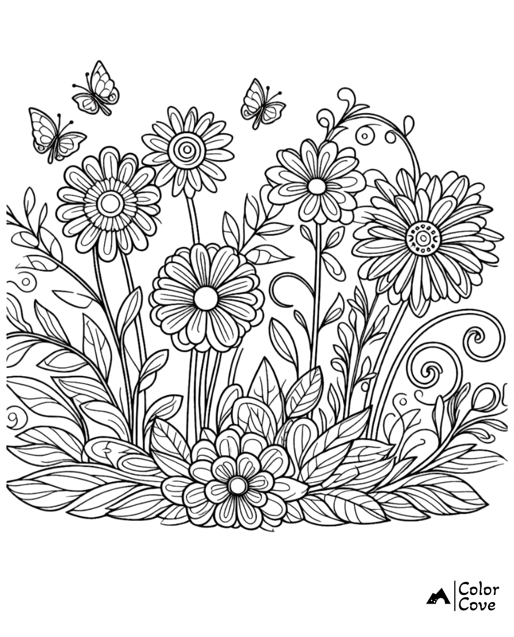 Intricate floral coloring page with detailed flowers, leaves, and butterflies. Ideal for relaxation and creativity.