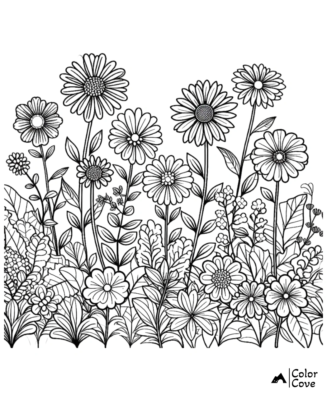 Coloring page featuring a variety of intricate flowers and leaves in a garden setting, perfect for relaxation and creativity.