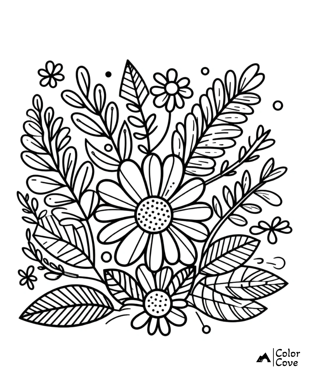 Flower and leaf coloring page by Color Cove featuring daisies and various detailed leaves, perfect for relaxation and creativity.