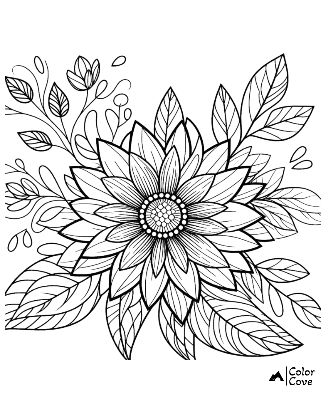 Intricate floral coloring page with detailed petals and leaves for relaxation and creativity. Perfect for adults and kids.