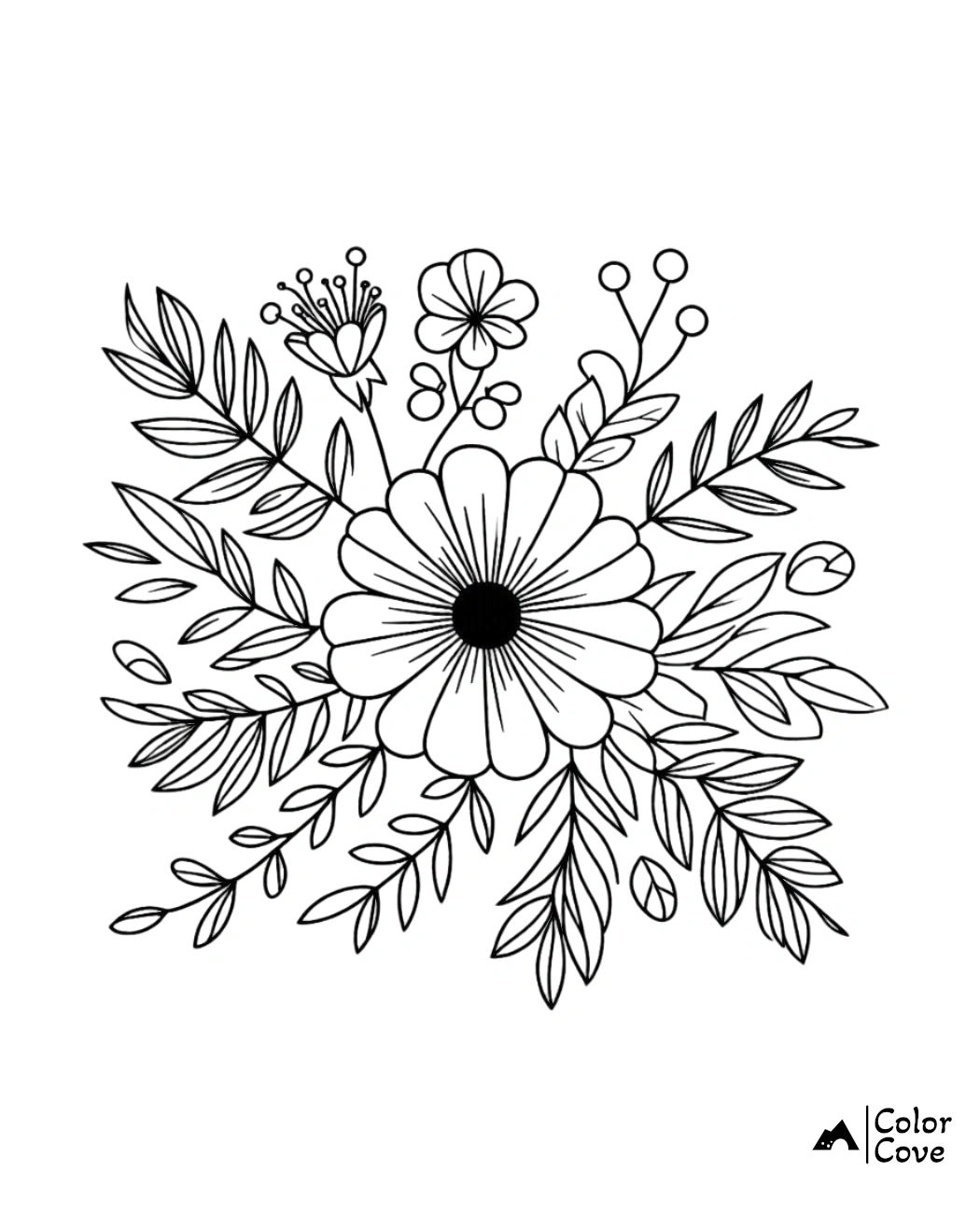 Printable flower bouquet coloring page with intricate floral designs and leaves, perfect for adult coloring enthusiasts.