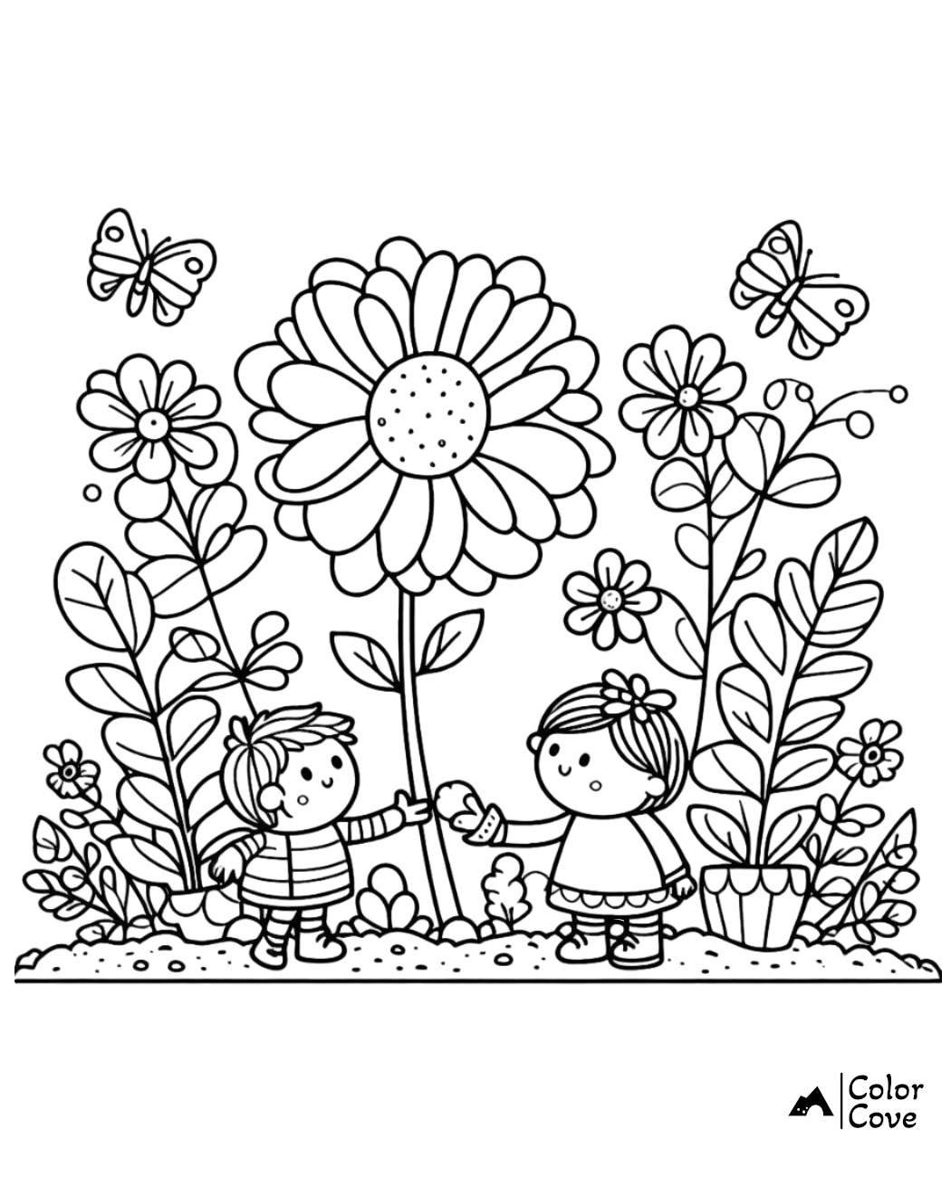 Kids Coloring Page: Two children holding hands among flowers and butterflies in a garden. Fun and educational activity.