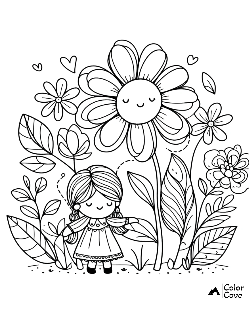 Cute garden scene coloring page with a smiling girl, large flowers, leaves, and hearts - fun and relaxing for kids.