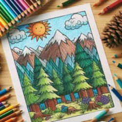 Colorful forest and mountains coloring page with vibrant pencils and crayons scattered around on a wooden table.