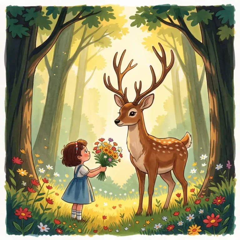 A girl offers flowers to a deer for a forest coloring page