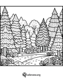 Peaceful forest scene coloring page with tall trees, lush bushes, and a winding path. Perfect for relaxation and creativity.