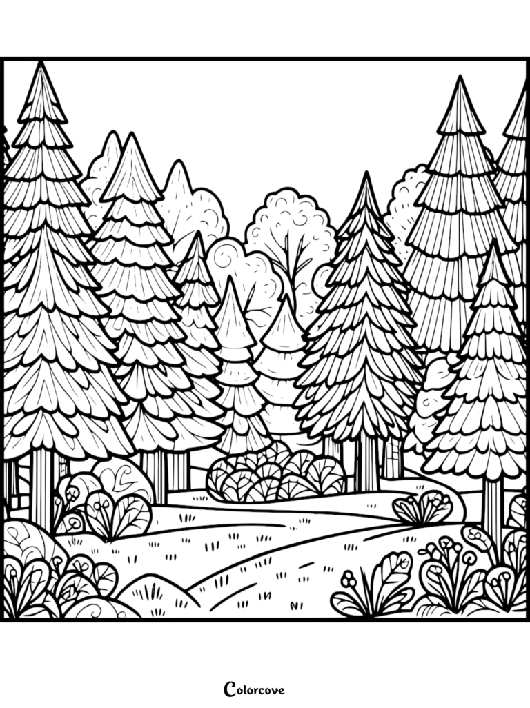 Coloriage de Forêt avec des pins denses et un chemin sinueux.