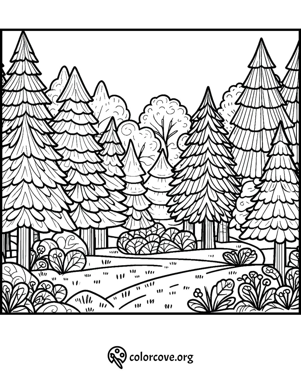 Peaceful forest scene coloring page with tall trees, lush bushes, and a winding path. Perfect for relaxation and creativity.