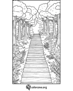 Forest pathway coloring page with detailed trees, bushes, and wood planks. Perfect for relaxation and stress relief.