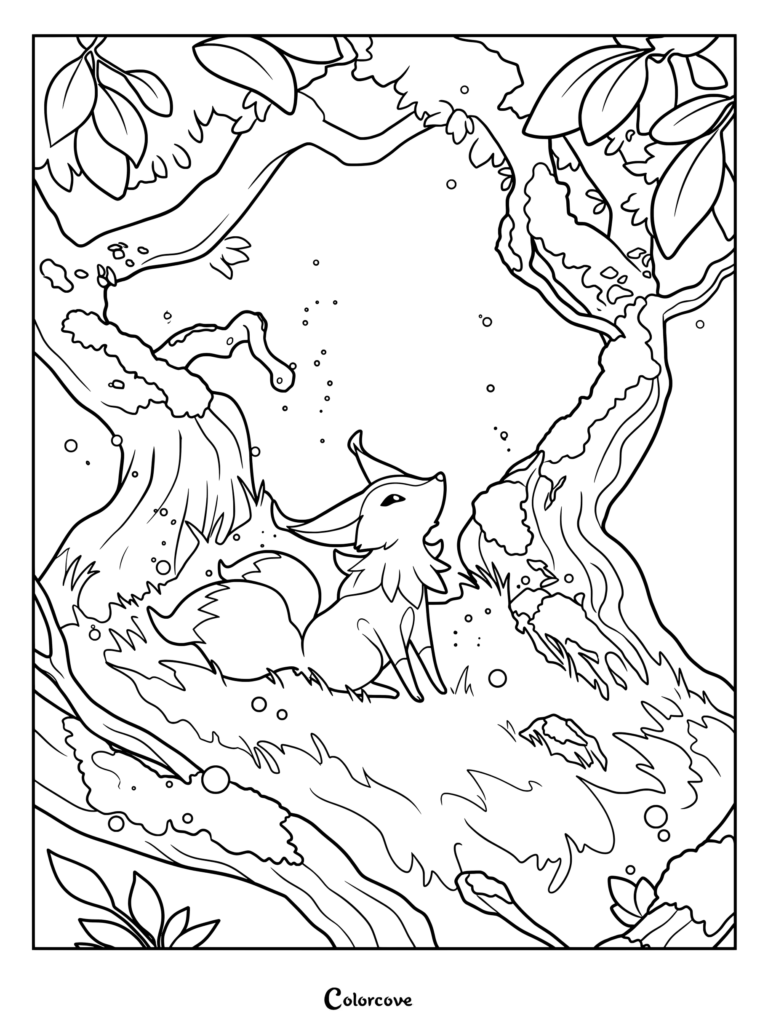 Un Coloriage parfait d'un adorable renard assis dans une Forêt magique entourée d'arbres.