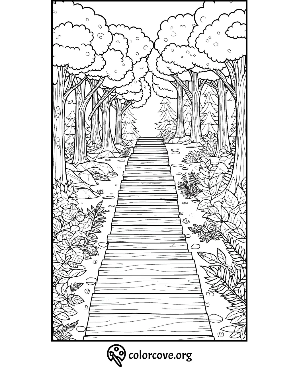 Forest pathway coloring page with detailed trees, bushes, and wood planks. Perfect for relaxation and stress relief.