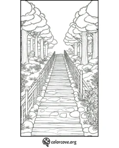 Coloring page of a wooden pathway through a forest with trees and bushes, available at colorcove.org.