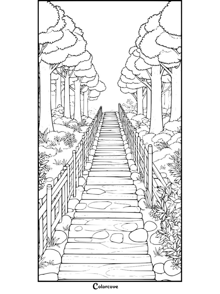 Coloriage de Forêt présentant un sentier d'escalier en bois pittoresque serpentant à travers des arbres denses.