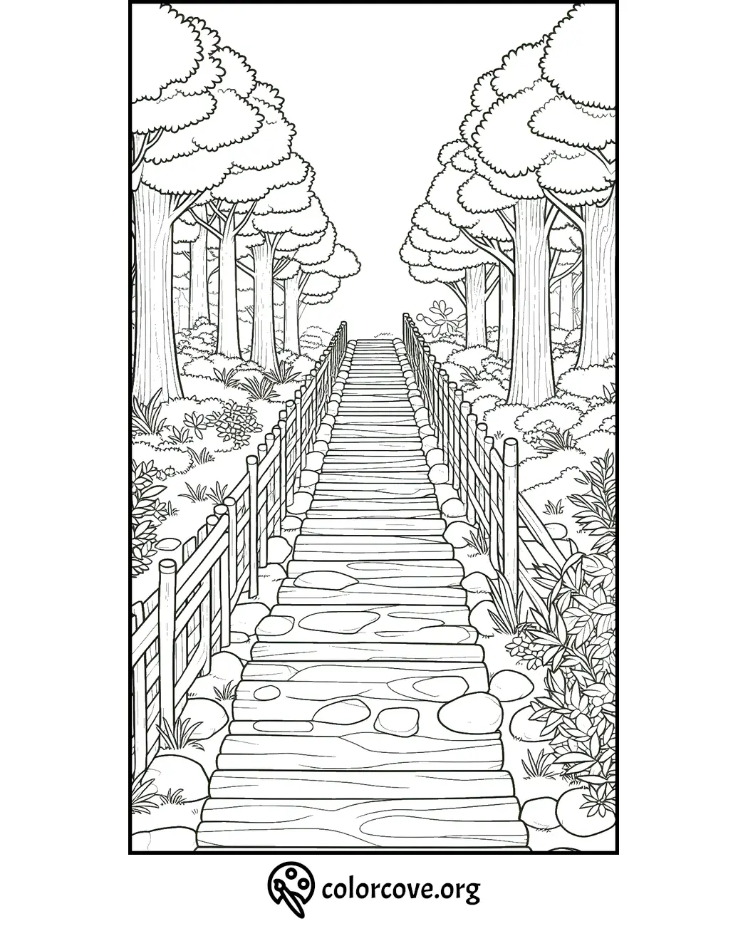 Coloring page of a wooden pathway through a forest with trees and bushes, available at colorcove.org.