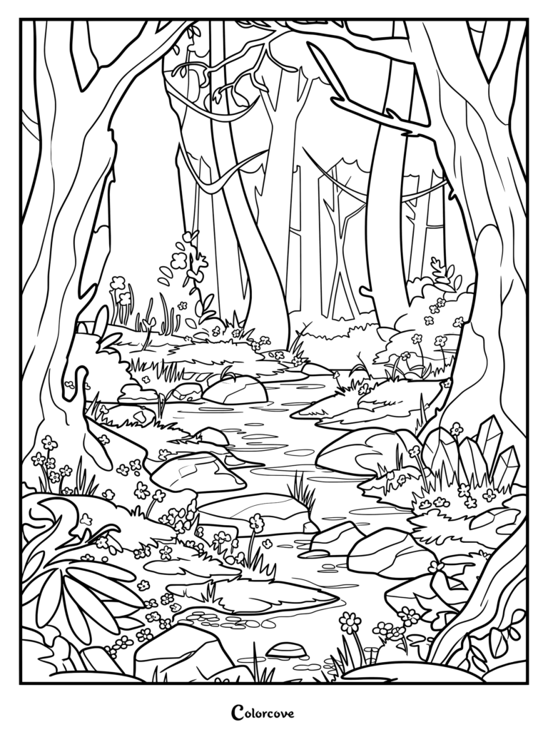Coloriage d'un ruisseau en Forêt enchantée avec une eau sinueuse, des rochers, des fleurs et de hauts arbres.
