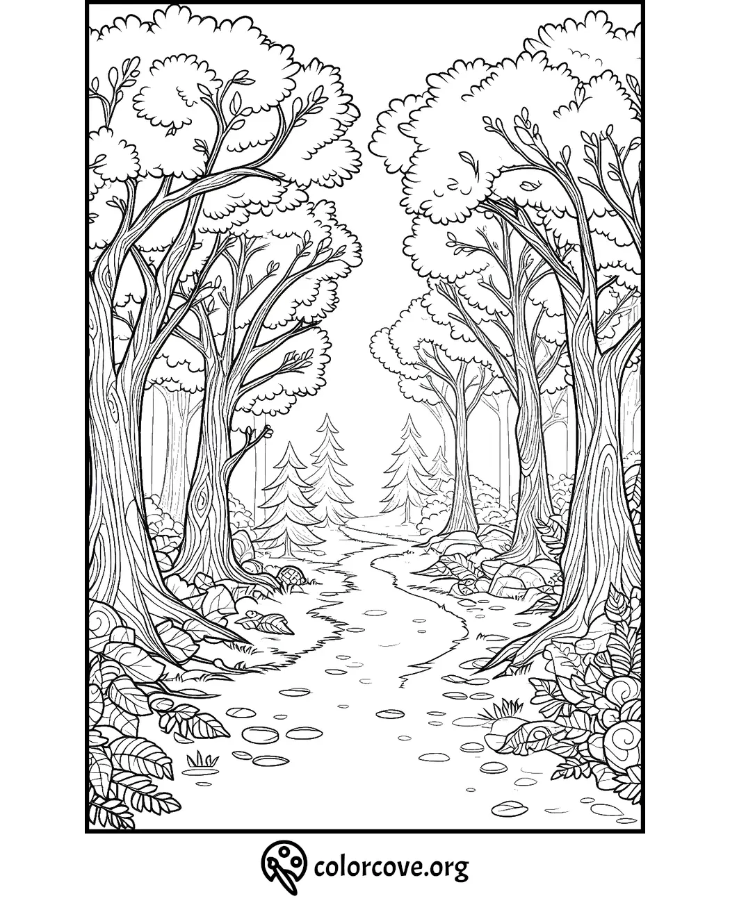 A serene forest path with tall trees and foliage, perfect for a relaxing coloring session. Coloring page from colorcove.org.