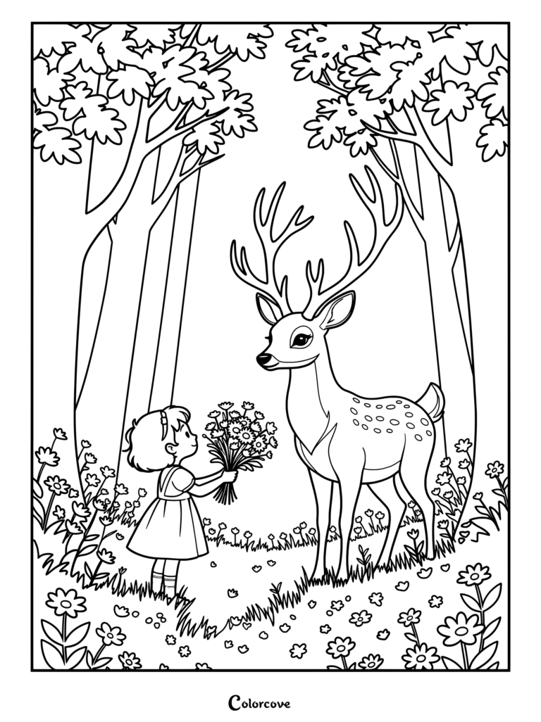 Un Coloriage de Forêt montrant une jeune fille offrant un bouquet de fleurs sauvages à un cerf majestueux aux grands bois.
