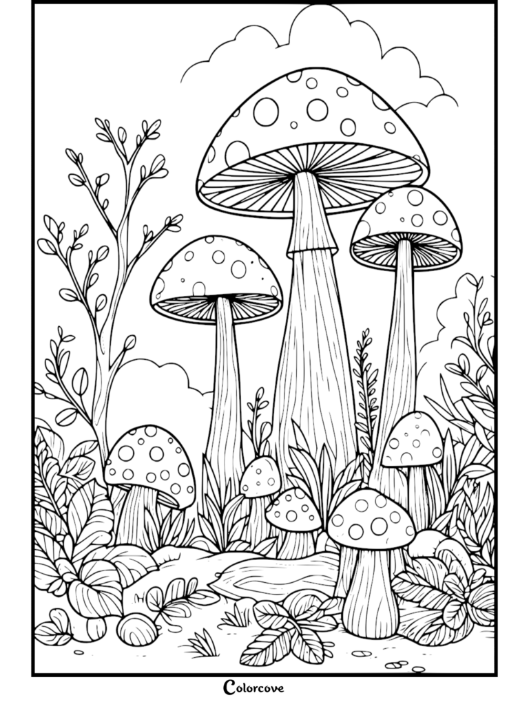 Coloriage de Forêt mettant en scène plusieurs champignons tachetés et des plantes.