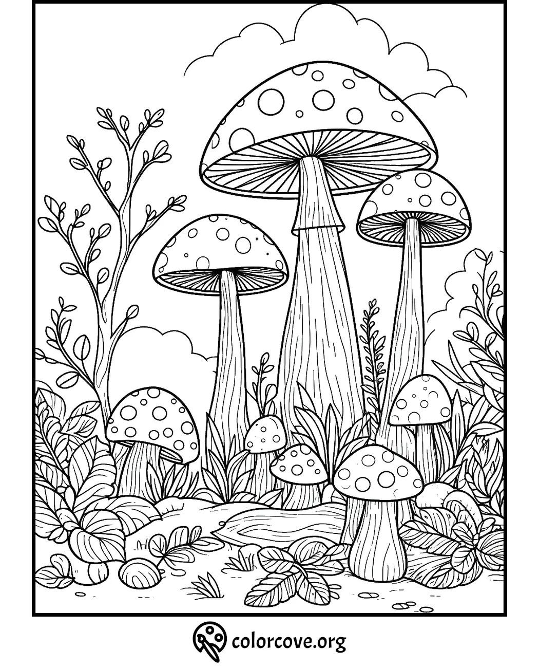 Coloring page featuring a whimsical forest scene with large mushrooms, plants, and clouds. Perfect for kids and adults to color.