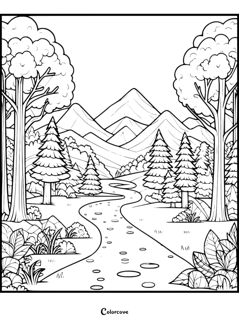 Coloriage de Forêt représentant une rivière sinueuse pittoresque à travers les arbres et des montagnes au loin.