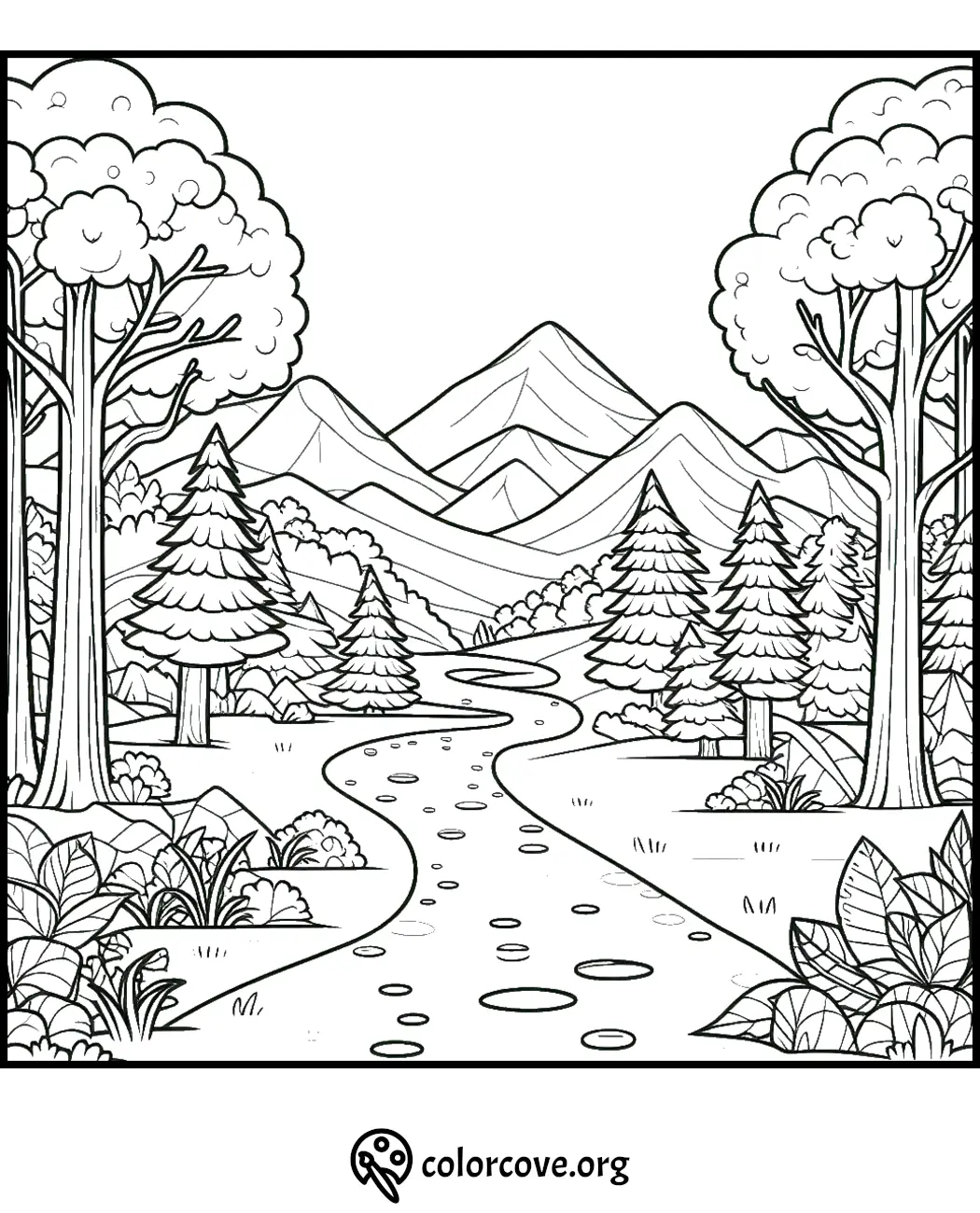 A scenic forest coloring page with trees, mountains, and a winding river, perfect for kids and adults to color and relax.