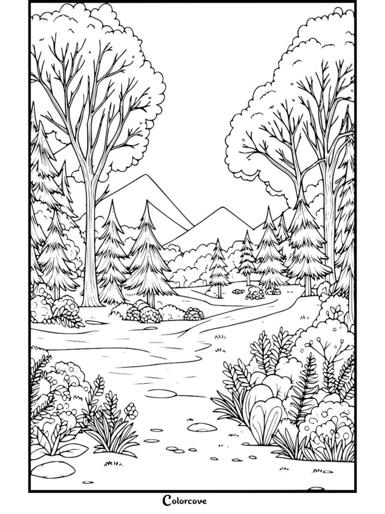 Coloriage de Forêt montrant un chemin sinueux à travers des arbres et des montagnes.