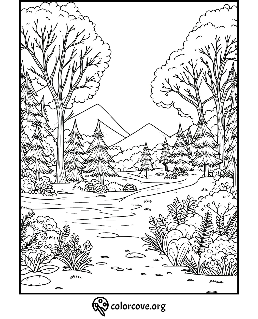 Coloring page featuring a detailed forest scene with trees, mountains, and a winding river path - colorcove.org.