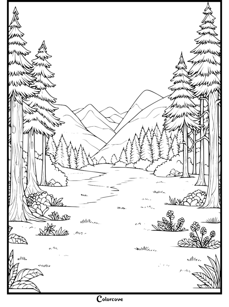 Coloriage gratuit de Forêt 17 à imprimer, avec de hauts pins encadrant un paysage montagneux pittoresque.